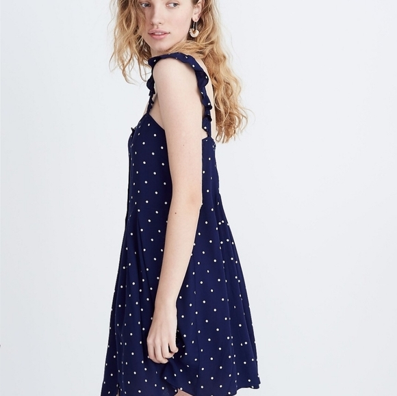 Madewell Ruffle-Strap Button-Front Dress in Polka Dot Navy Blue size 4 - Picture 3 of 8
